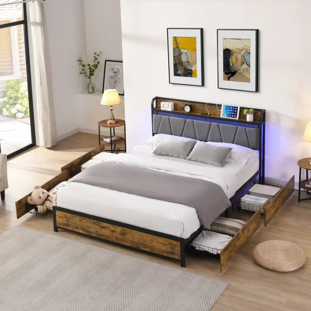 Queen Bed Frame with RGB LED Headboard and Storage featuring a platform design with storage drawers