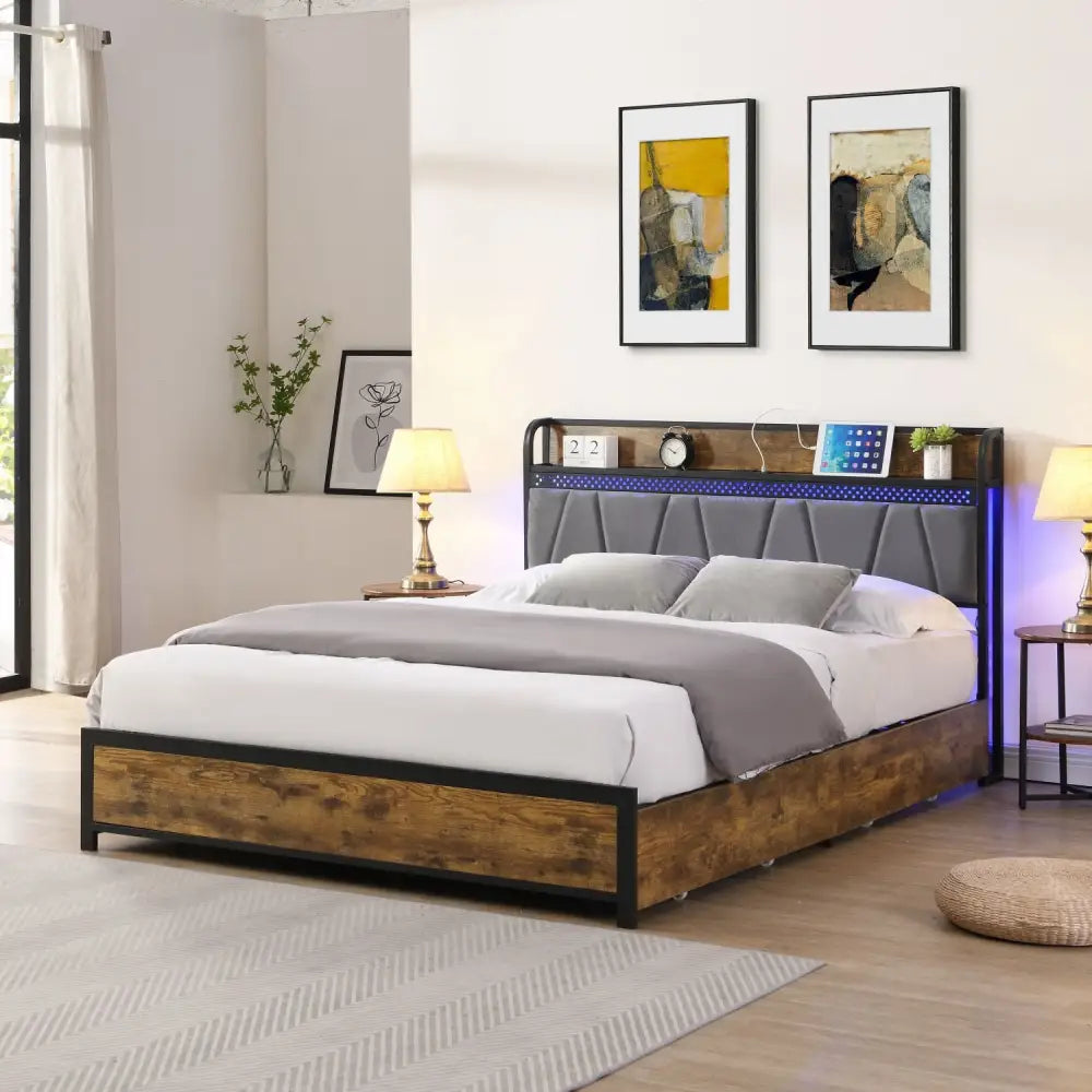 Upholstered Queen Bed Frame with RGB LED Headboard and Storage for modern bedrooms