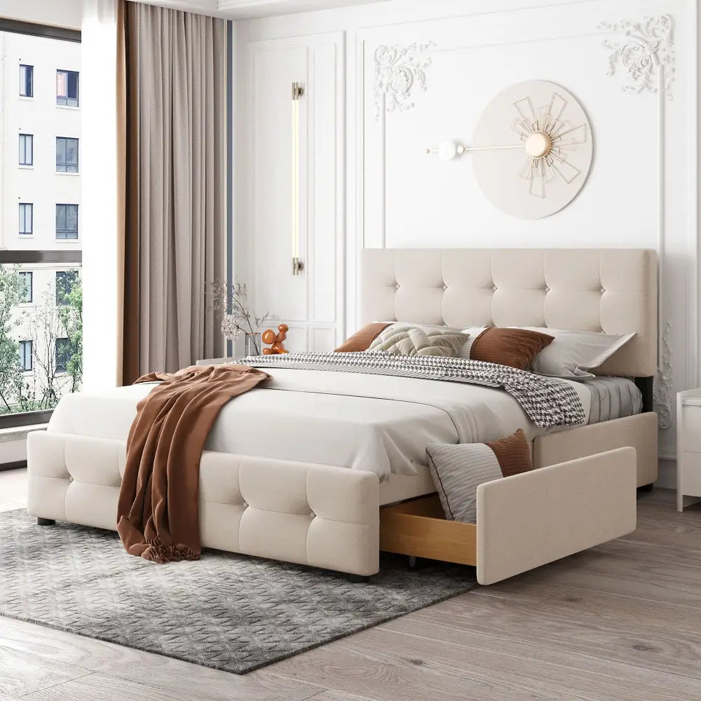 Beige upholstered platform bed frame with storage drawers and headboard