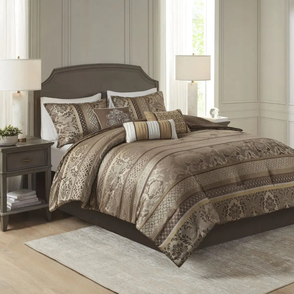 Elegant brown and gold polyester jacquard comforter set with decorative pillows