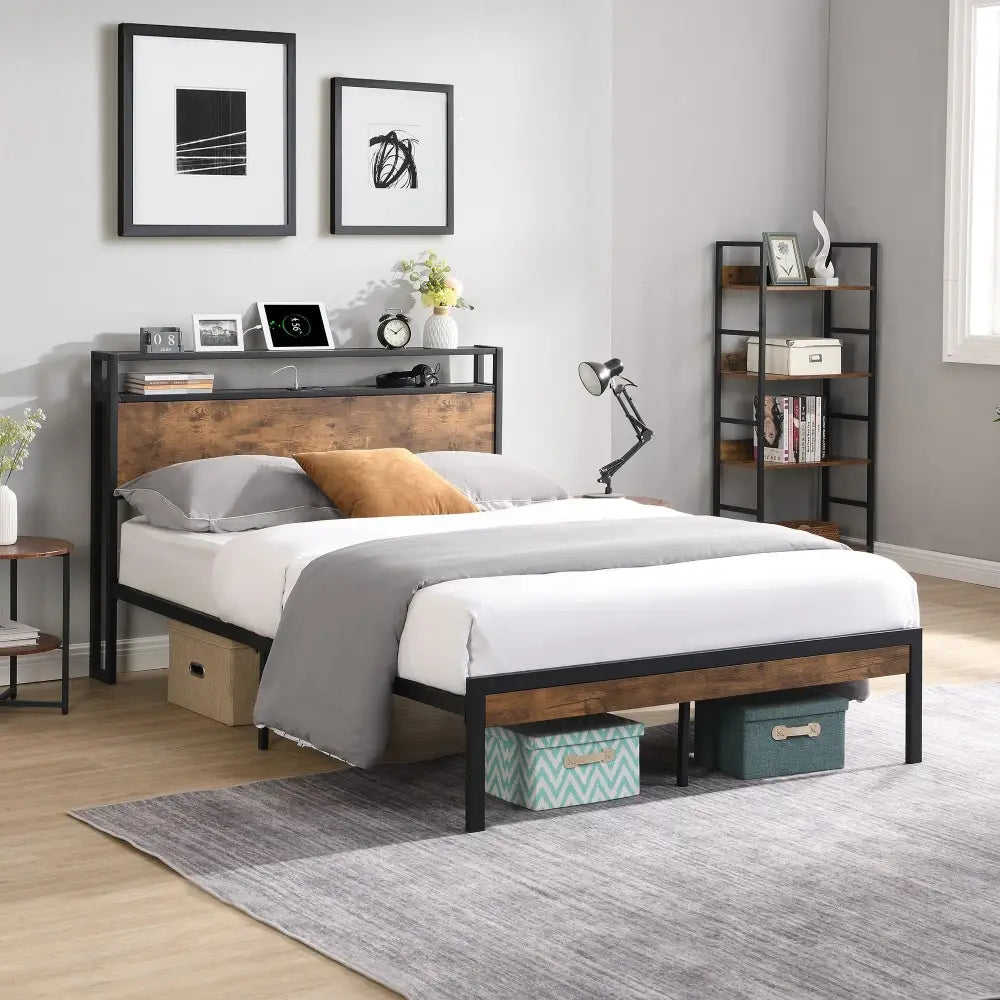 Black metal and wood bed frame for Queen Metal Platform Bed Frame with Wood Headboard