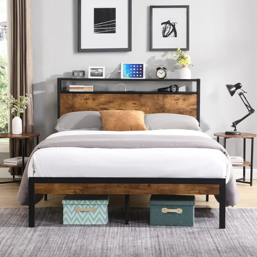 Rustic brown metal platform bed frame with wood headboard for queen size beds
