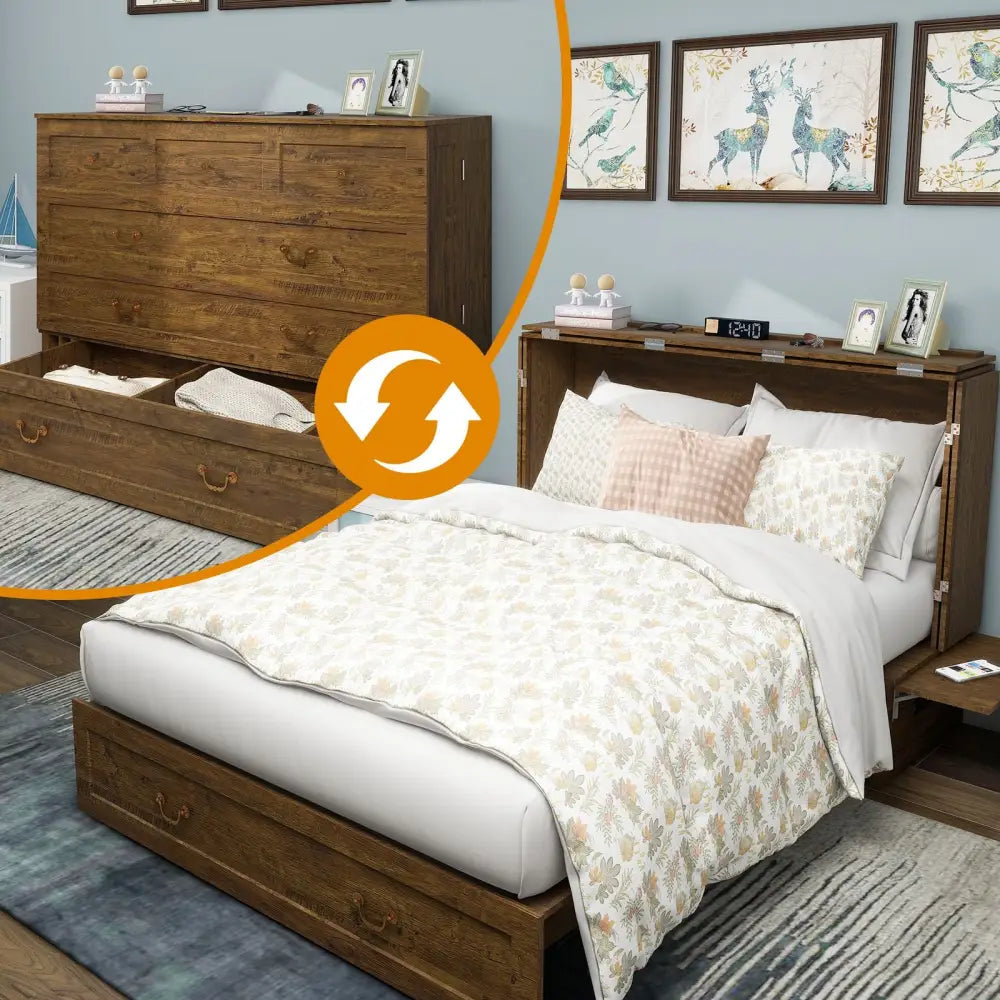Convertible dresser bed in Queen Murphy Bed Cabinet with Storage Drawers for space efficiency
