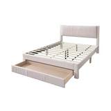 Upholstered platform box spring queen size bed with storage drawer and trundle