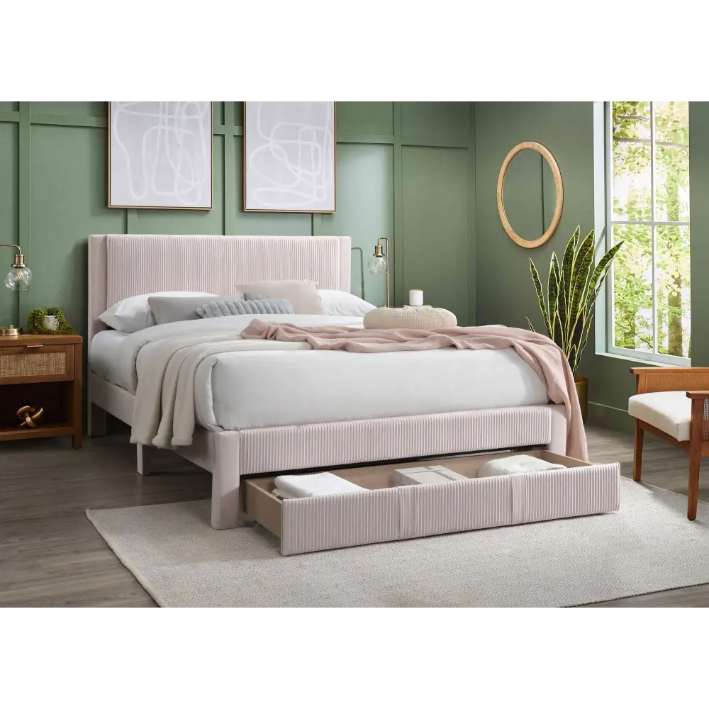 Pink upholstered Queen Size Bed with Storage Drawer and 1pc Queen Size Box Spring