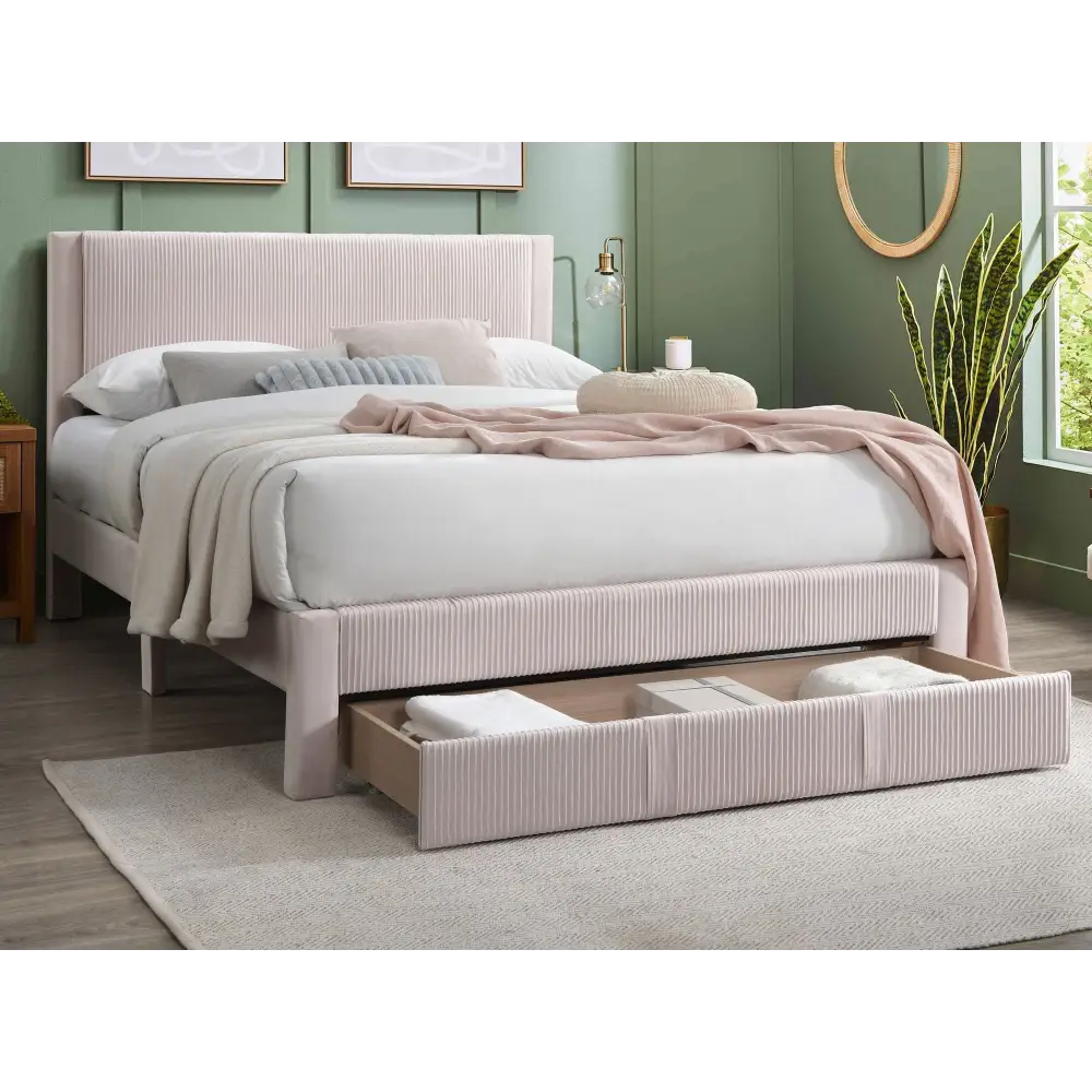 Pink upholstered Queen Size Bed with Storage Drawer featuring a box spring for 1pc queen size comfort
