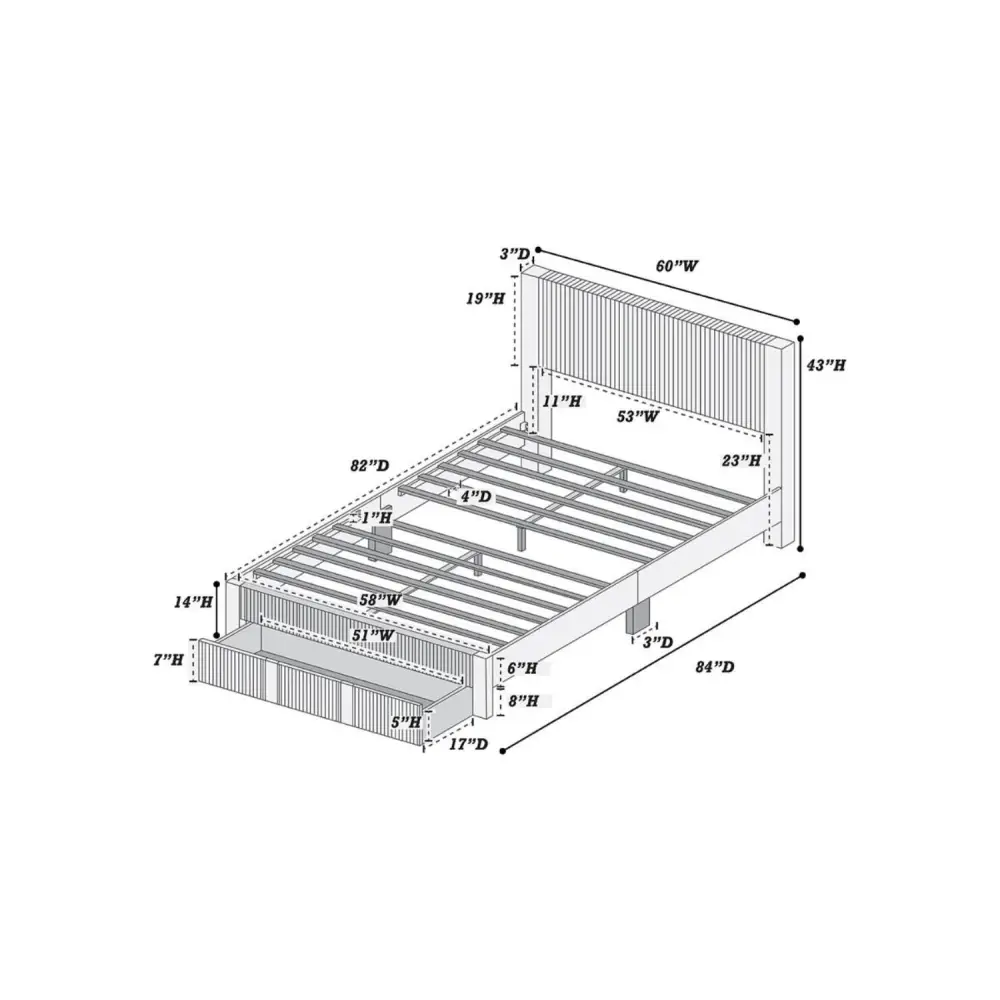 Dimensioned Queen Size Bed with Storage Drawer, headboard, and box spring support