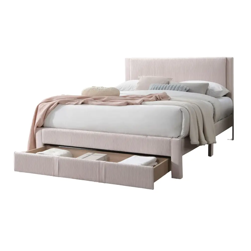 Pink upholstered Queen Size Bed with Storage Drawer and 1pc Queen Size box spring