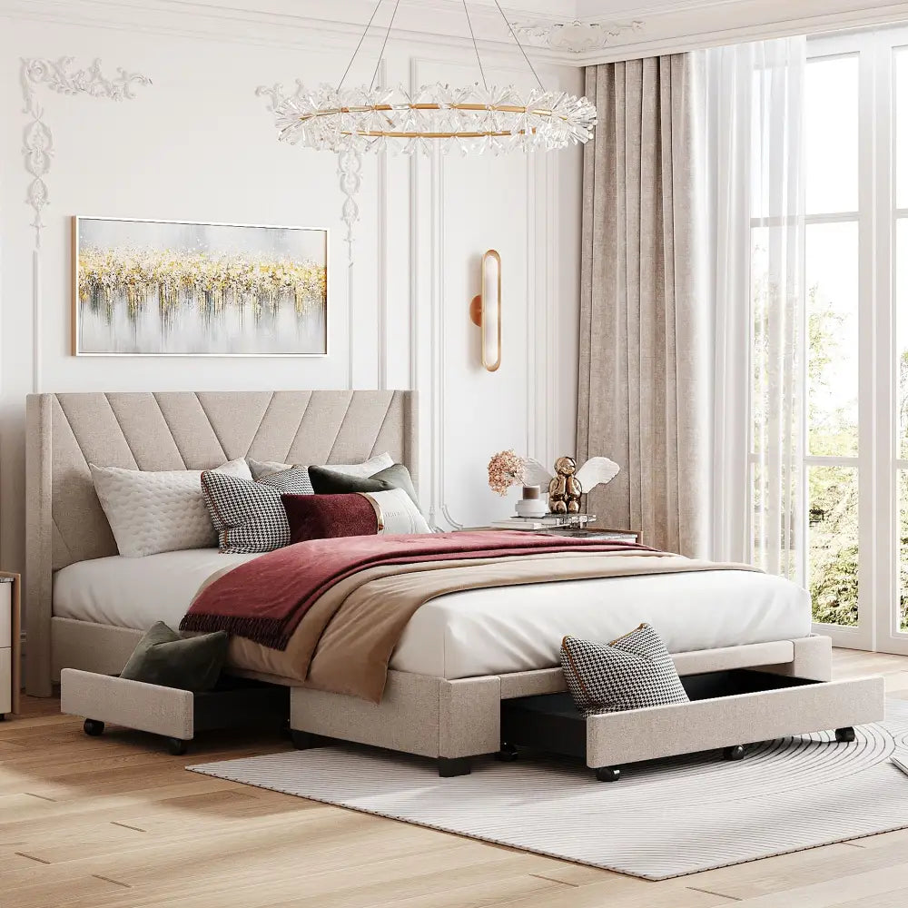 Queen size linen upholstered platform bed with storage drawers for modern bedrooms