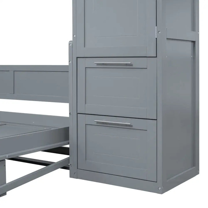 Gray Murphy Bed with storage, closet, and drawers for space-saving convenience