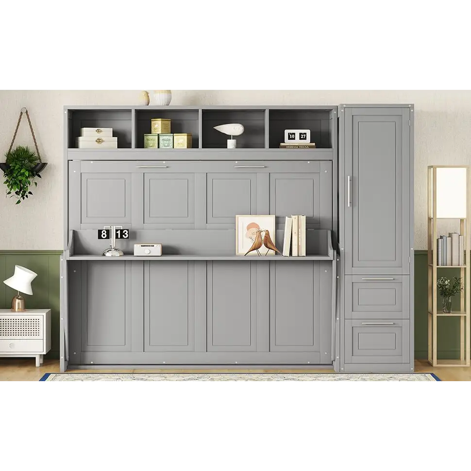 Gray Murphy bed with shelving, closet, and drawers in a modern gray Murphy design