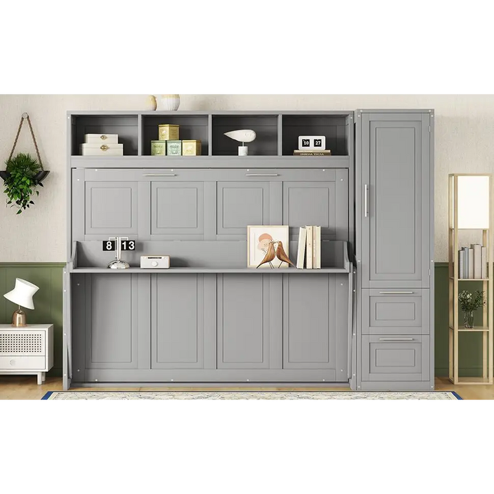 Gray Murphy bed with shelving, closet, and drawers in a modern gray Murphy design