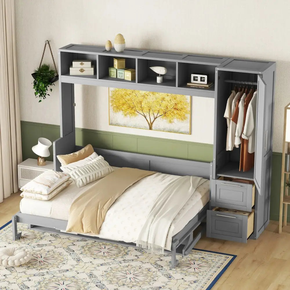 Gray Murphy bed with storage drawers and closet in a gray queen Murphy bed design