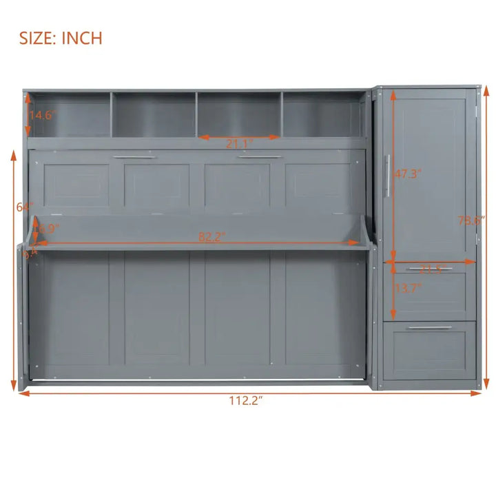 Gray Murphy bed with shelving and cabinet, ideal gray Murphy for space-saving comfort