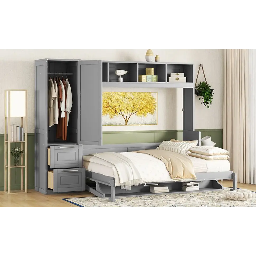 Gray Murphy bed with wardrobe and shelving in a modern gray queen Murphy bed setup