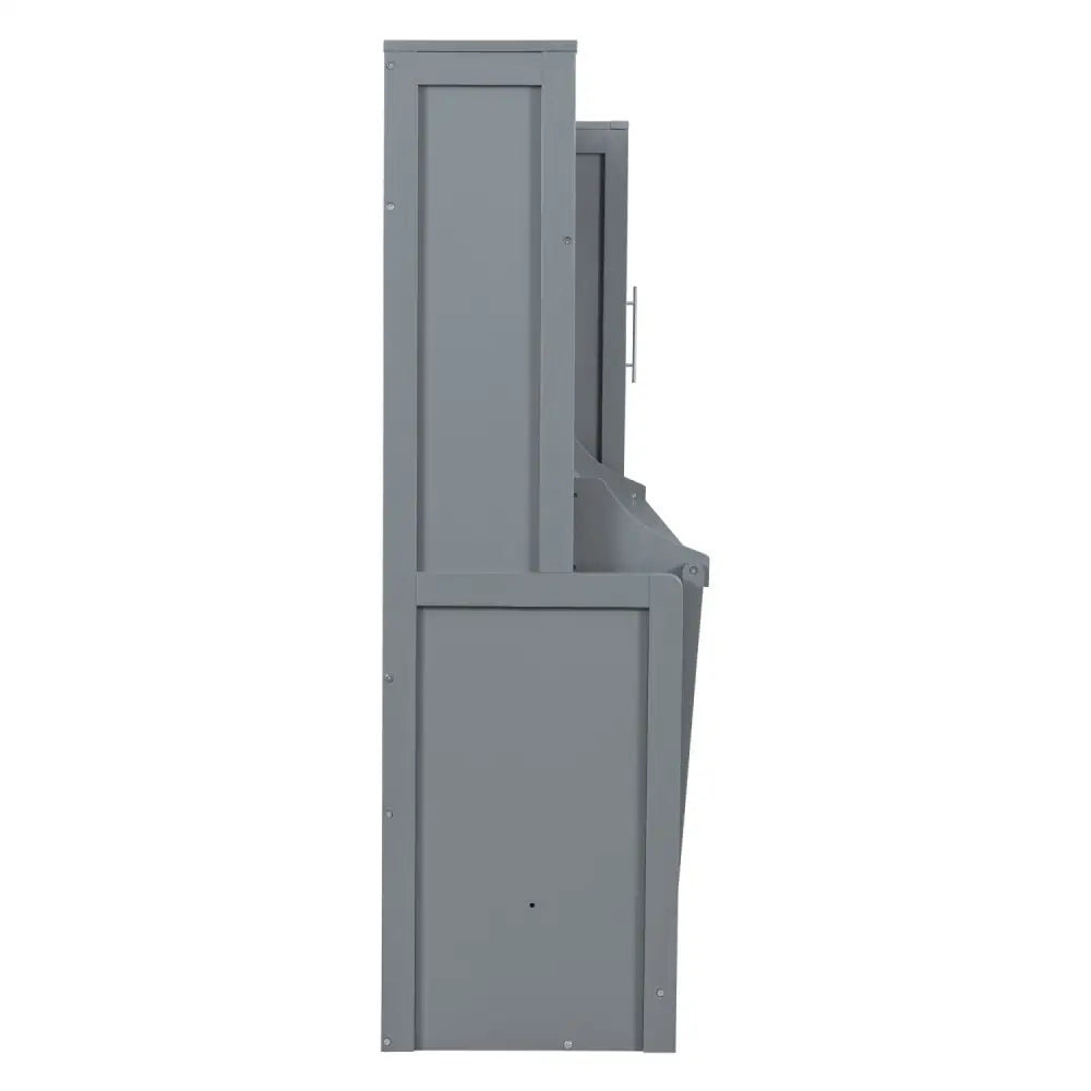 Gray wooden hall tree with Murphy bed and closet for organized gray Murphy space