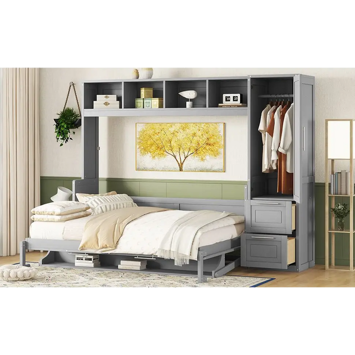 Gray Murphy Bed with storage and closet, ideal gray murphy bed for space-saving rooms