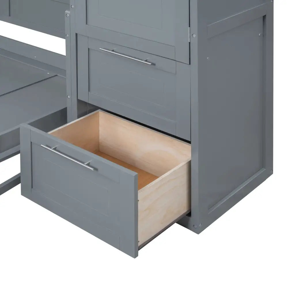 Gray Murphy bed with open drawer showcasing storage in a modern bedroom setting