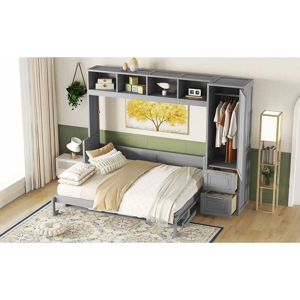 Gray Murphy bed with built-in storage, closet, and drawers for space-saving comfort