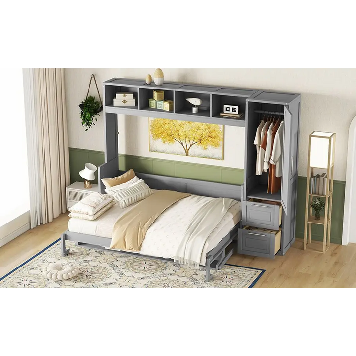 Gray Murphy bed with built-in storage, closet, and drawers for space-saving comfort