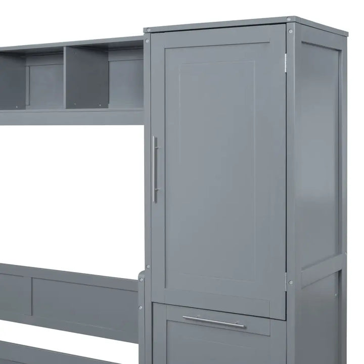 Gray Murphy bed with wooden loft design, storage, closet, and drawers for space-saving comfort
