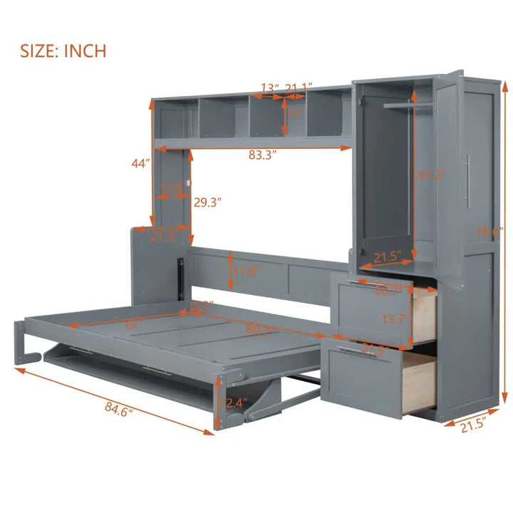 Gray Murphy Bed with wardrobe and overhead storage for space-saving comfort