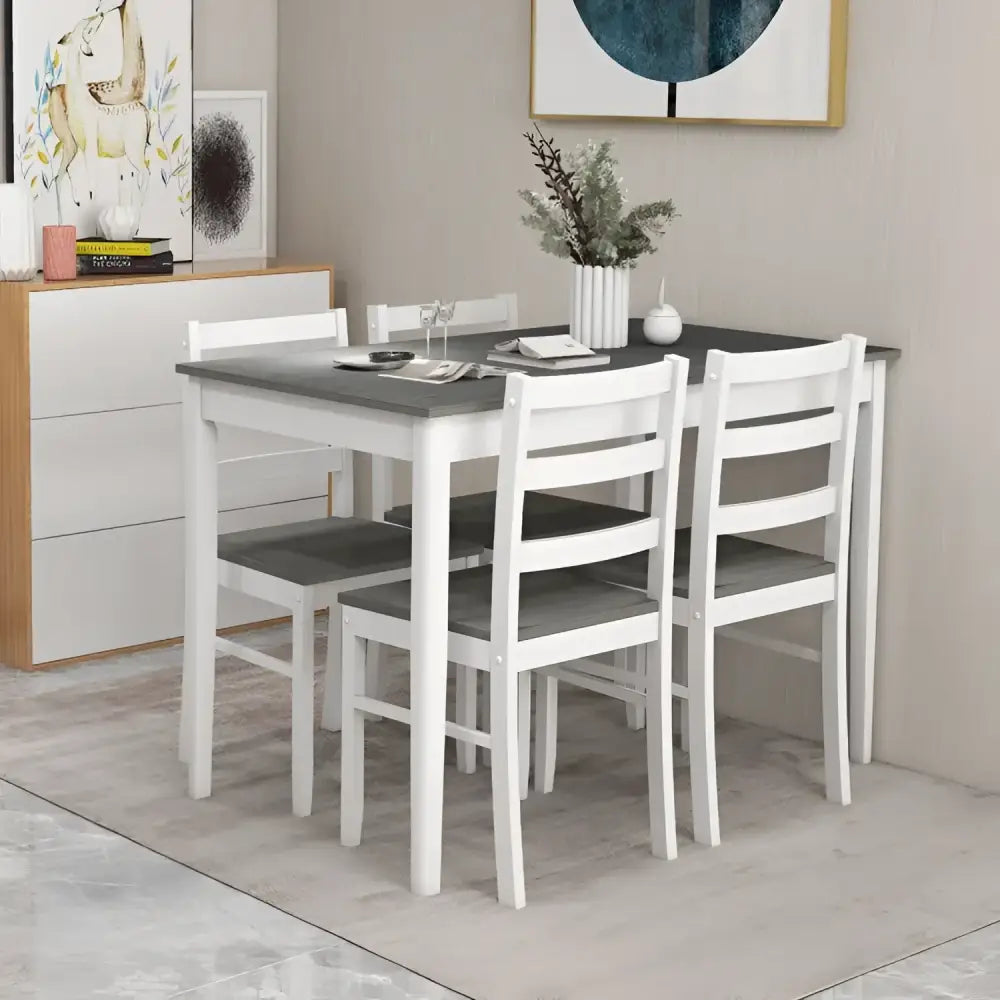 White and gray dining set with wood veneer table and wood supporting legs