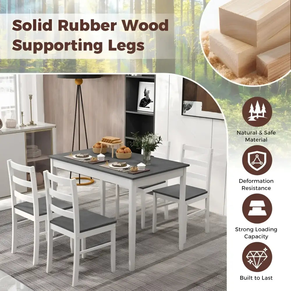Rectangular dining table with wood veneer and four chairs featuring wood supporting legs