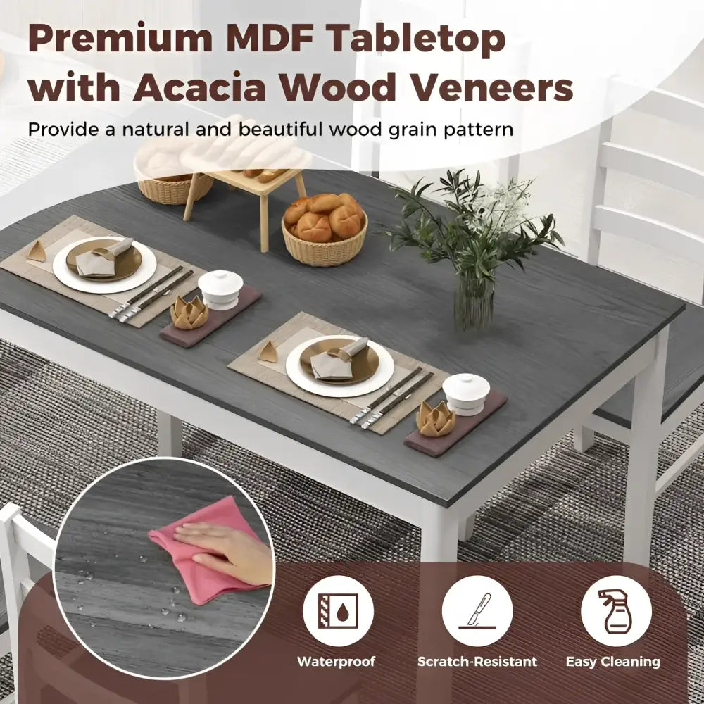 Durable MDF dining table with wood veneer and wood supporting legs, includes four chairs