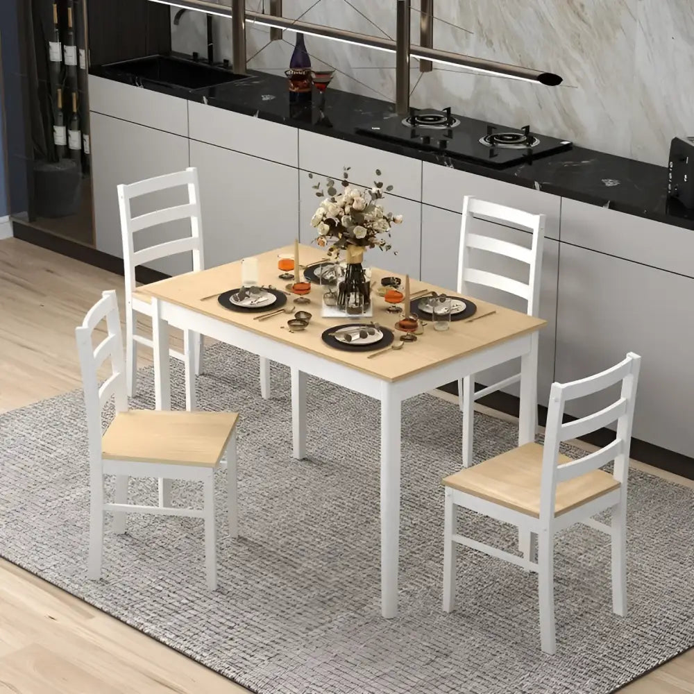 Rectangular dining table with wood veneer and wooden supporting legs for elegant dining