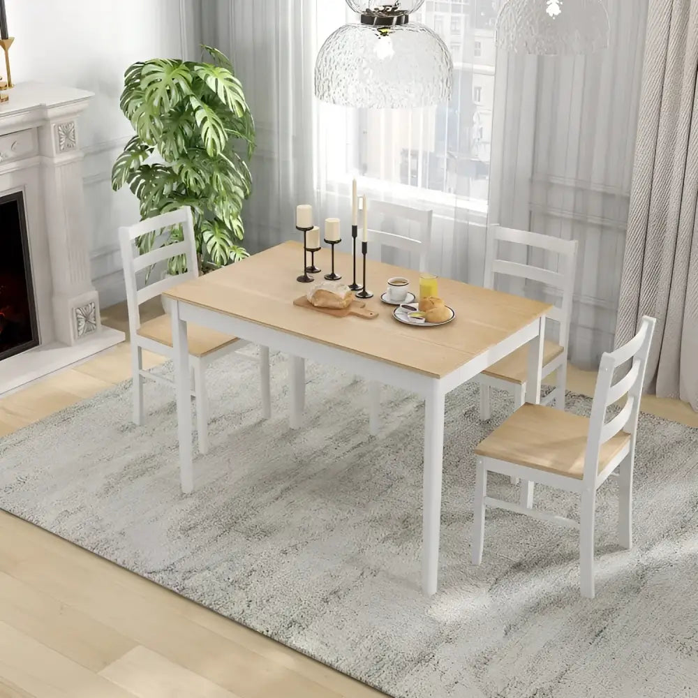 Rectangular dining table with wood veneer and wood supporting legs with four chairs