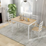 Rectangular dining table with wood veneer and wood supporting legs with four chairs