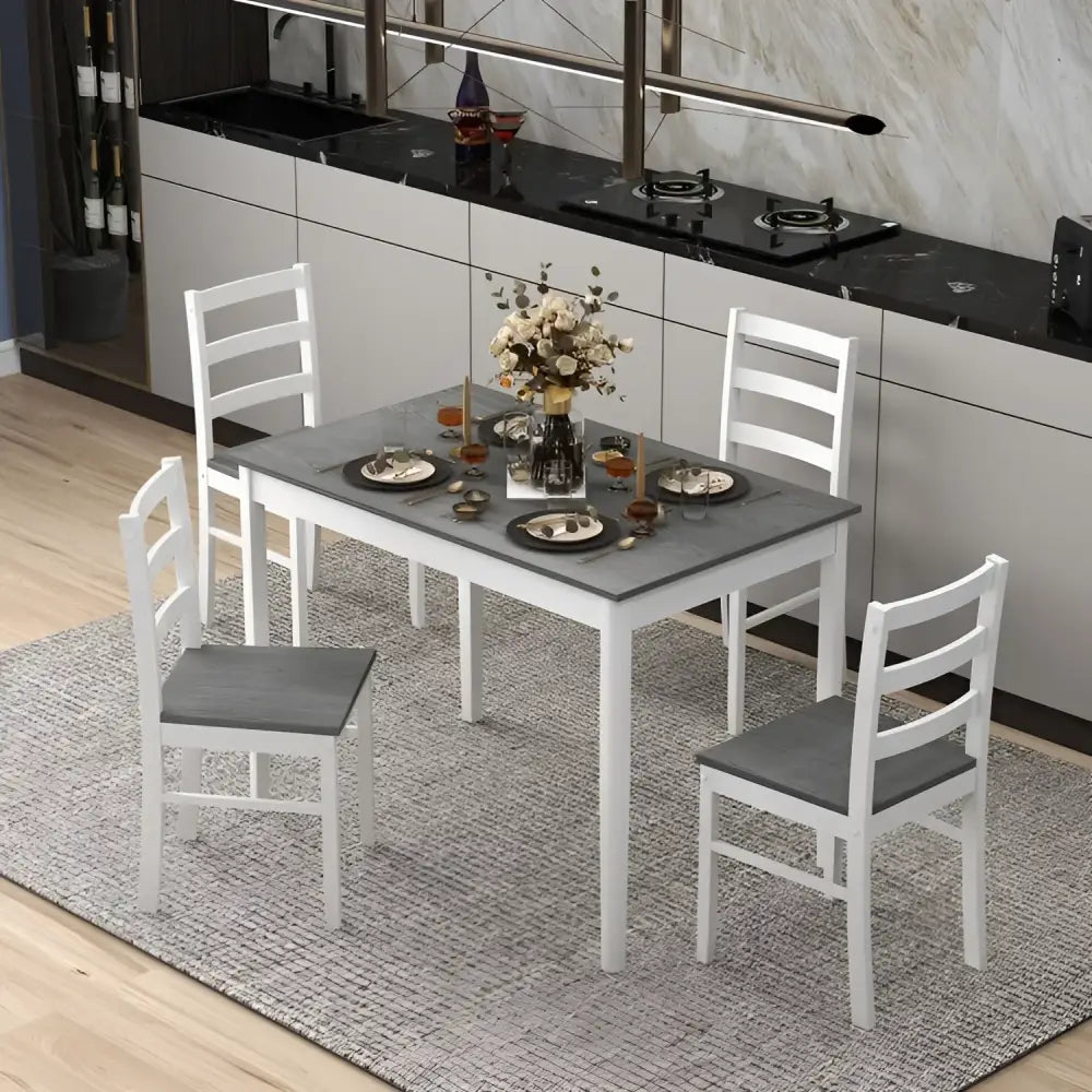 White dining set with gray accents featuring a rectangular wood veneer dining table with wood supporting legs