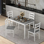 White dining set with gray accents featuring a rectangular wood veneer dining table with wood supporting legs