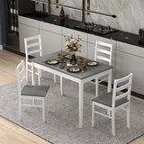 White dining set with gray accents featuring a rectangular wood veneer dining table with wood supporting legs