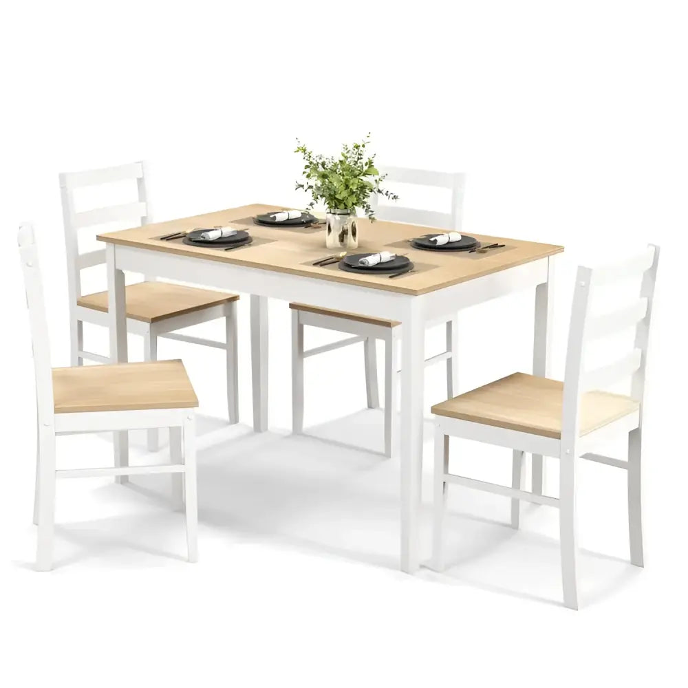 White and wood dining set featuring a rectangular dining table with wood veneer and supporting legs