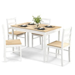 White and wood dining set featuring a rectangular dining table with wood veneer and supporting legs