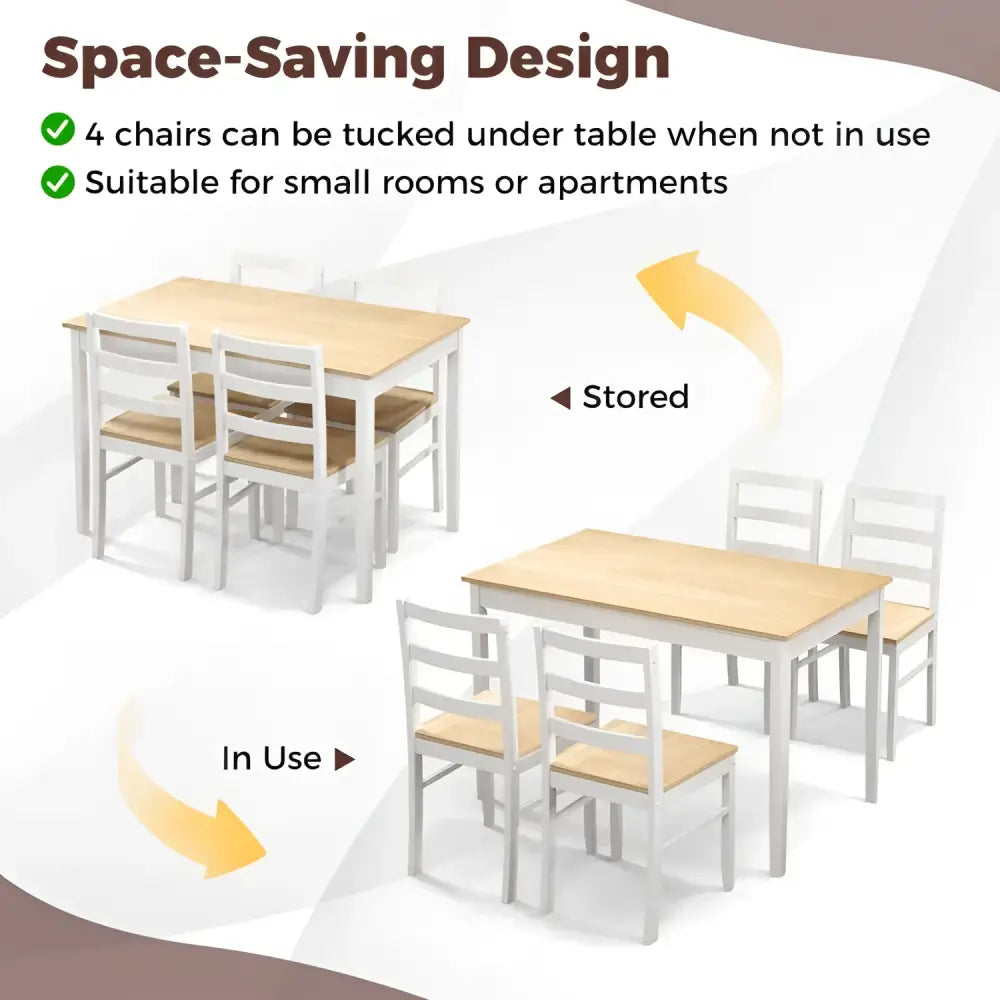 Space-saving rectangular dining table with wood veneer and supporting legs with four chairs