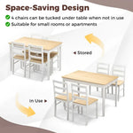Space-saving rectangular dining table with wood veneer and supporting legs with four chairs