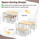 Space-saving rectangular dining table with wood veneer and supporting legs with four chairs