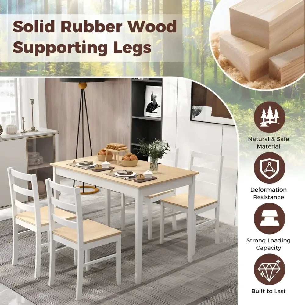 Rectangular dining table with wood veneer and supporting wood legs with four chairs