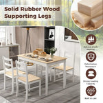 Rectangular dining table with wood veneer and supporting wood legs with four chairs