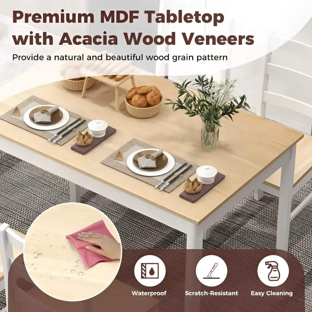 Rectangular dining table with wood veneer surface, waterproof, scratch-resistant, supported by wood supporting legs