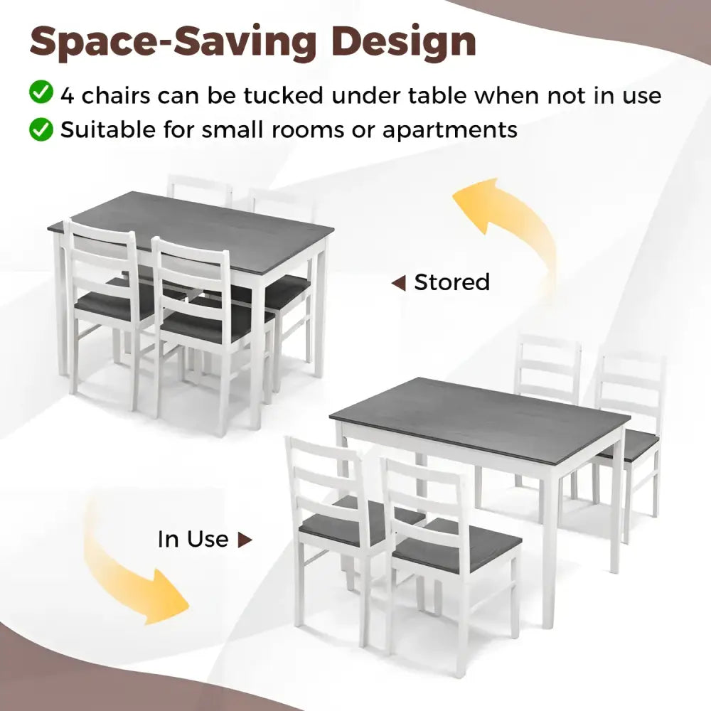 Space-saving dining table with wood veneer and supporting legs with four chairs