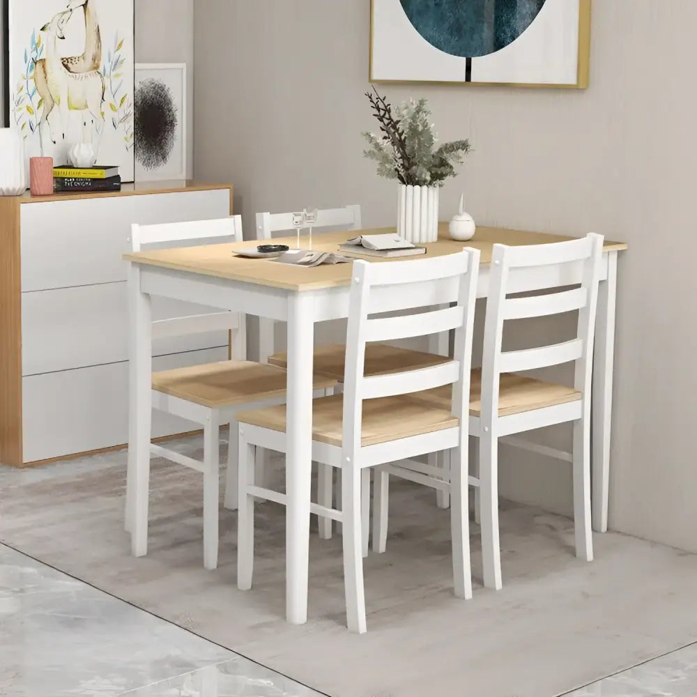 Rectangular dining table with wood veneer and four chairs featuring wooden supporting legs