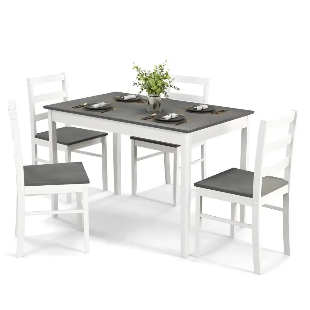 White and gray dining set with wood veneer table and wood supporting legs