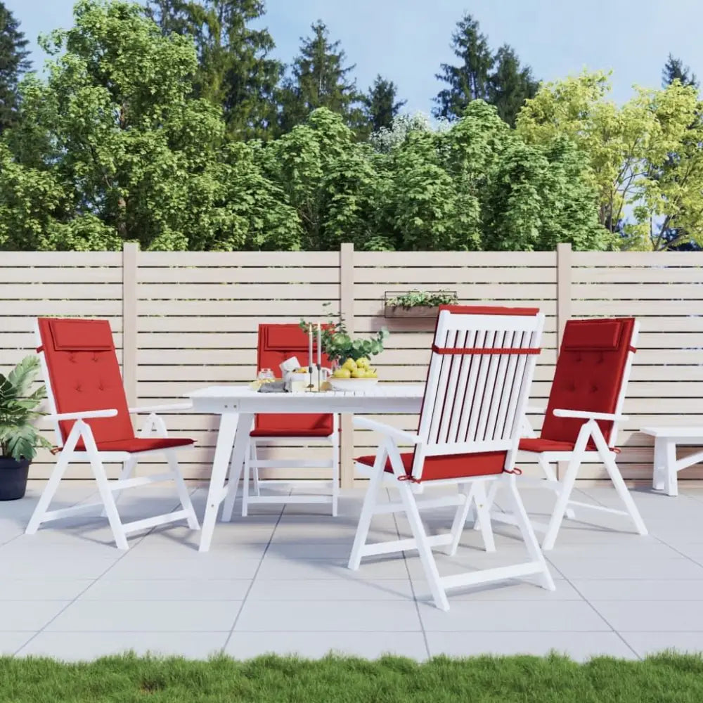 Outdoor dining set with red cushions featuring Oxford fabric highback chair cushions