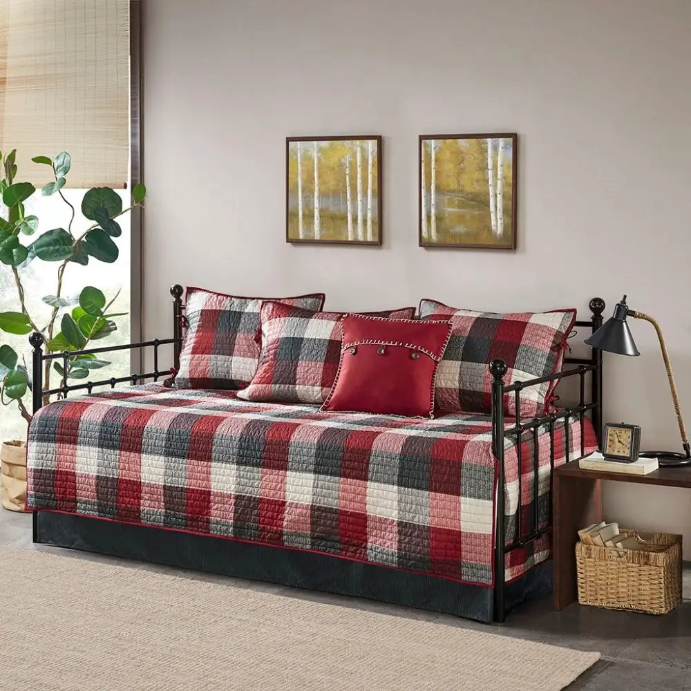 Red plaid reversible daybed cover set with decorative pillows, perfect for stylish bedding