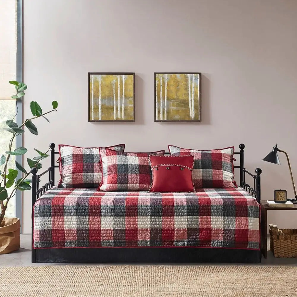 Red Plaid Reversible Daybed Cover Set with matching pillows, perfect for a stylish daybed cover