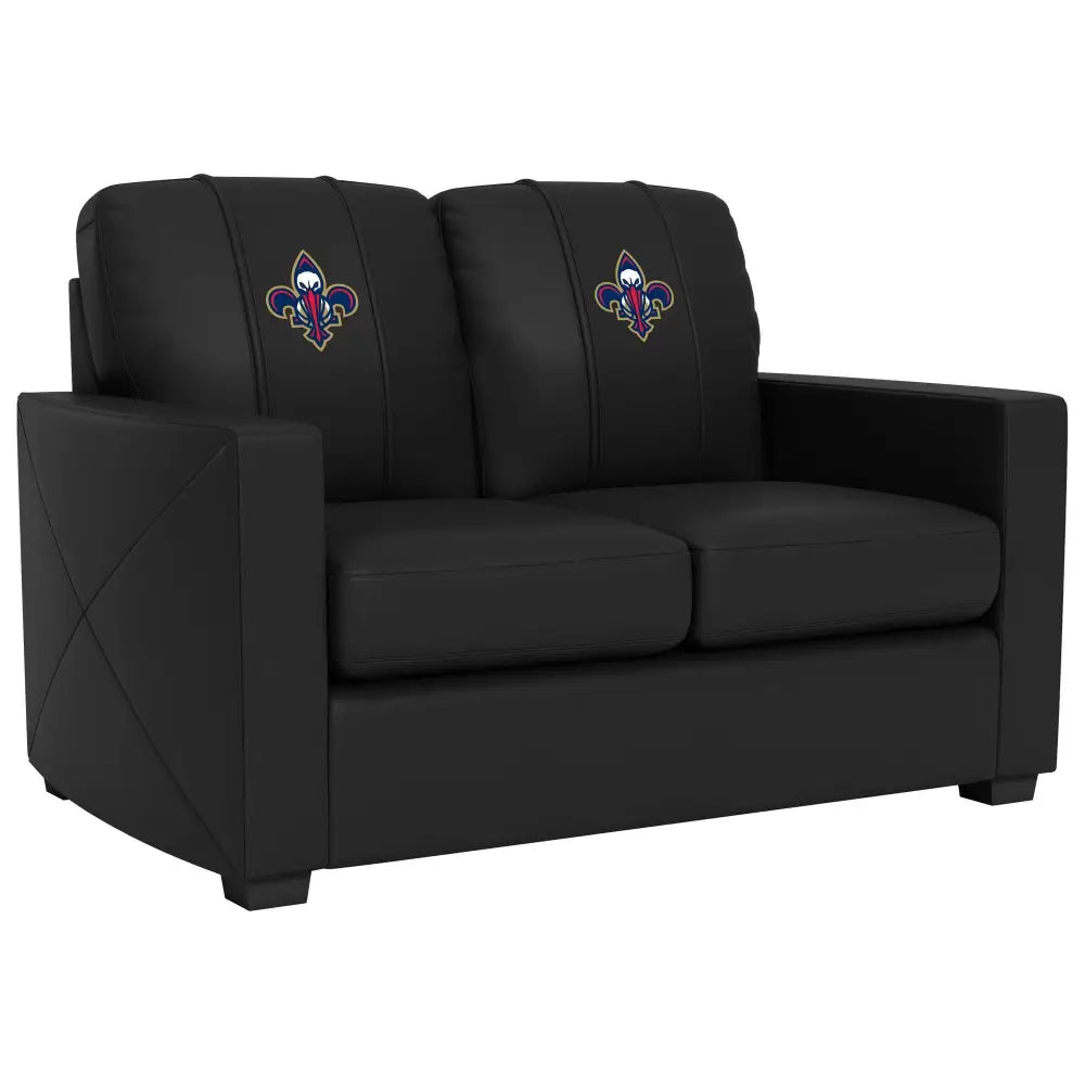 Black loveseat with fleur-de-lis emblems from the Silver Loveseat New Orleans Pelicans secondary collection